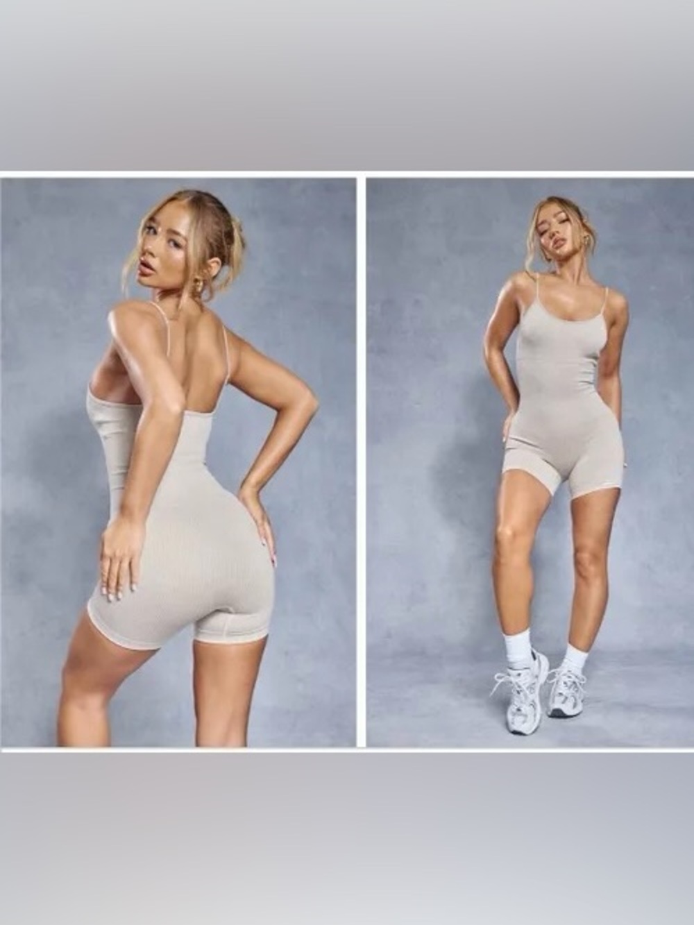 Prettylittlething oatmeal acid wash seamless rib mini gym unitard L